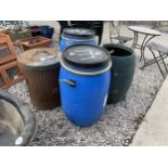 FOUR VARIOUS DRUMS TO INCLUDE A GALVANISED BIN