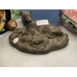 A STONEWARE MODEL OF A GREYHOUND AND PUPS HEIGHT 11CM, LENGTH 22CM