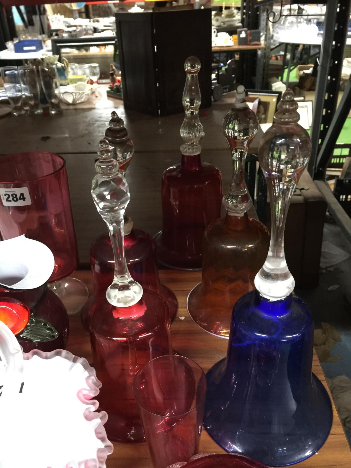 FIVE LARGE COLOURED GLASS BELLS, CRANBERRY GLASS BOWLS, VASES, ETC - Image 5 of 5