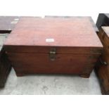 AN INDIAN HARDWOOD BOX WITH BRASS STRAPS, 18" WIDE