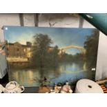 A VINTAGE CANVAS OIL PAINTING IRON BRIDGE GORGE SIGNED RAYMOND