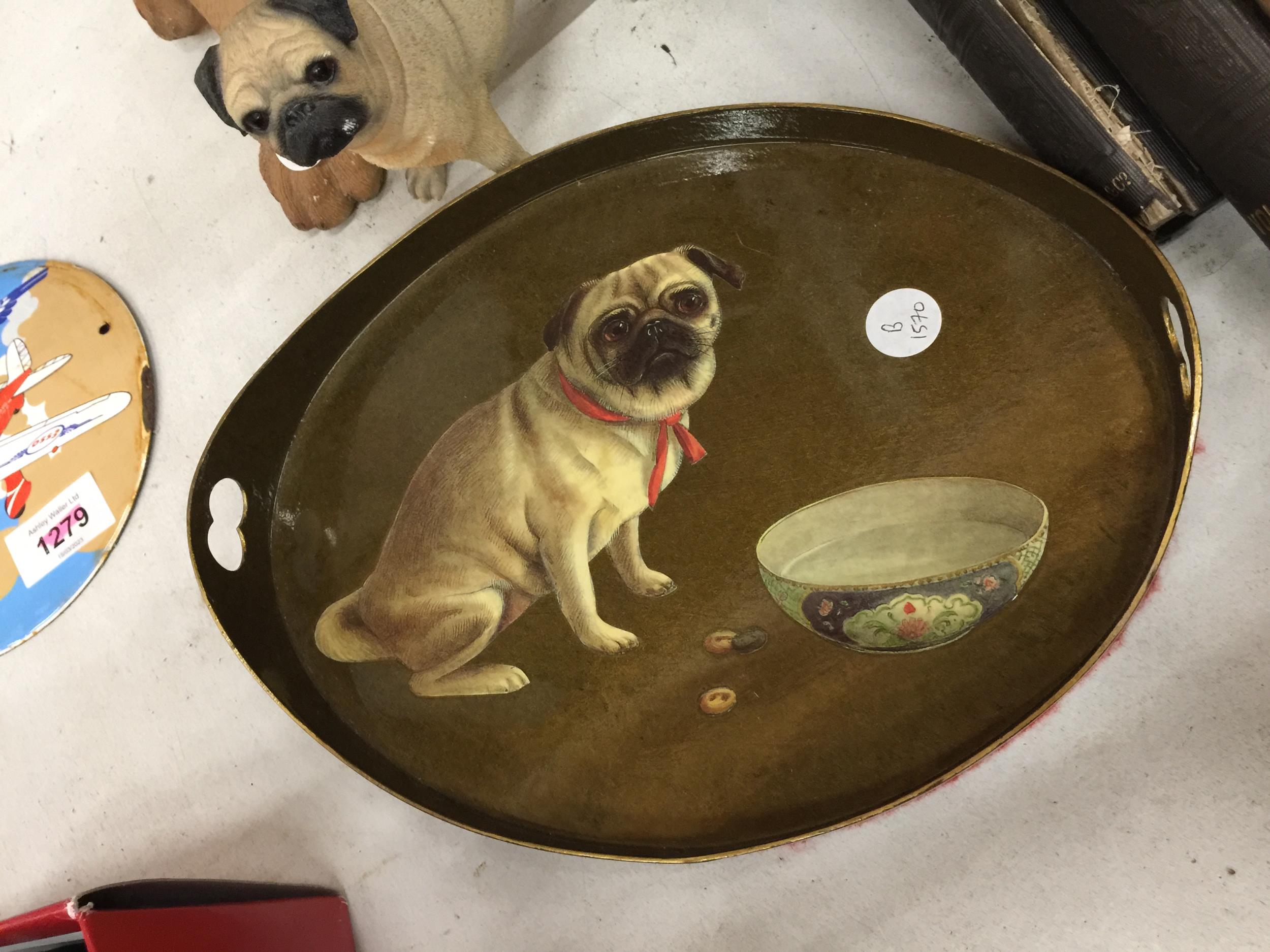 A CHARMING PRINT IN STILL LIFE FASHION OF TWO PUG DOGS A CAT AND A BIRD TOGETHER WITH TWO RESIN - Image 5 of 5