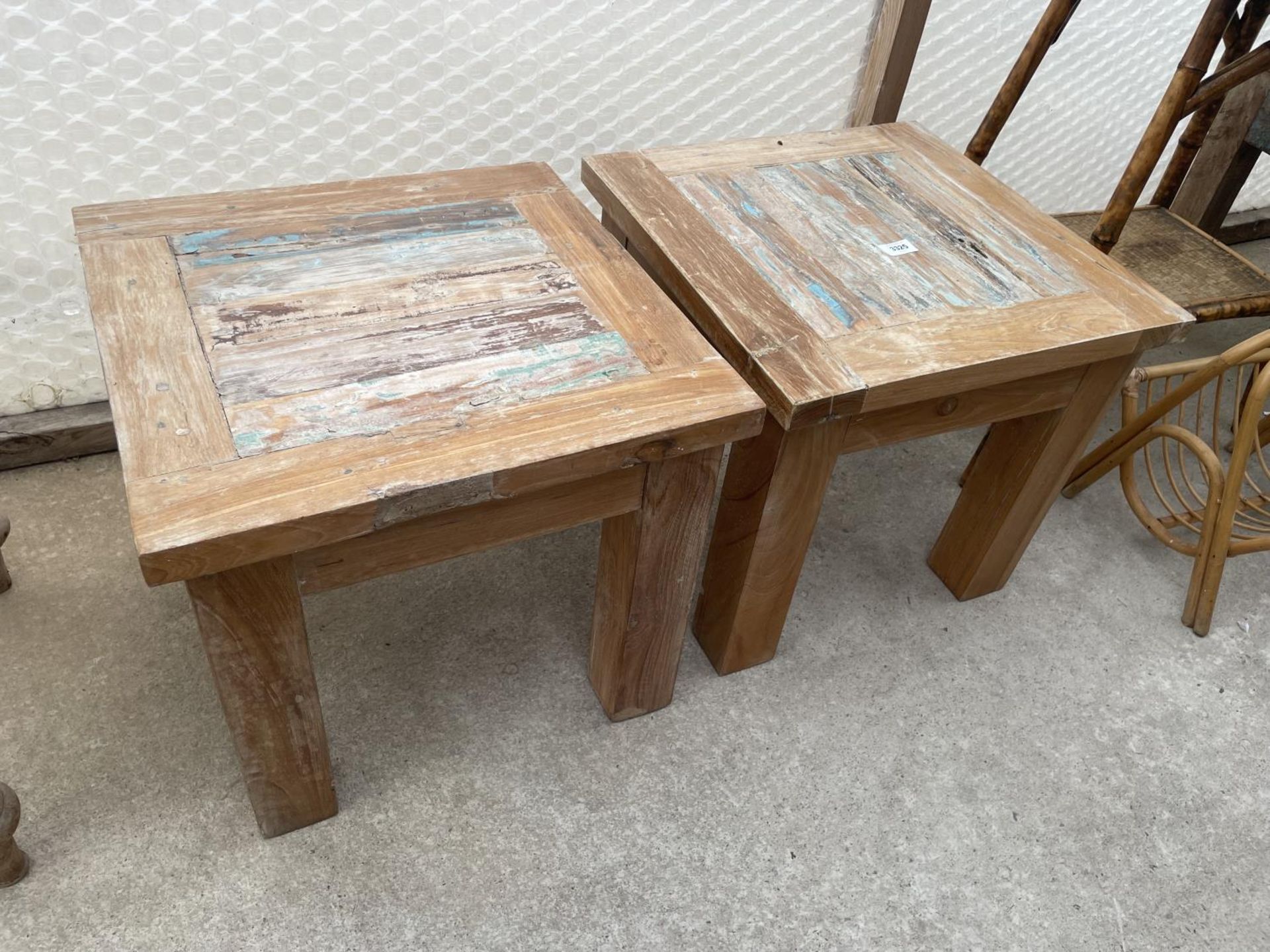 A PAIR OF HARDWOOD 18" SQUARE LAMP TABLES
