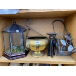 AN ASSORTMENT OF ITEMS TO IBNCLUDE A GLASS DISPLAY DOME AND A BRASS URN ETC