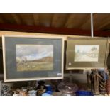 TWO FRAMED WATERCOLOURS, ONE OF SHEEP IN A FIELD THE OTHER A VILLAGE SCENE