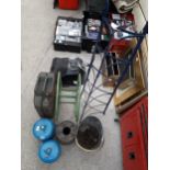 AN ASSORTMENT OF ITEMS TO INCLUDE COPPER COAL BUCKET, HOSE REEL, ETC
