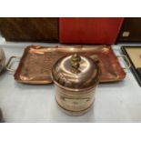 A COPPER ARTS AND CRAFTS/ART NOUVEAU TRAY AND A COPPER TEA CADDY