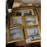 FOUR SMALL OIL PAINTINGS OF SCENIC VIEWS PLUS A LARGER ONE IN GILT FRAMES