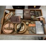 A MIXED LOT TO INCLUDE A CHROMIUM PLATED BRUSH SET, VINTAGE CUT THROAT RAZOR, CIGARETTE LIGHTER,