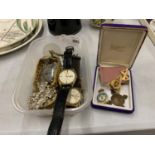 FOUR VINTAGE POCKETWATCHES - ALL A/F, VINTAGE WRISTWATCHES PLUS ROYAL NAVY, R. A. F. AND AMBULANCE