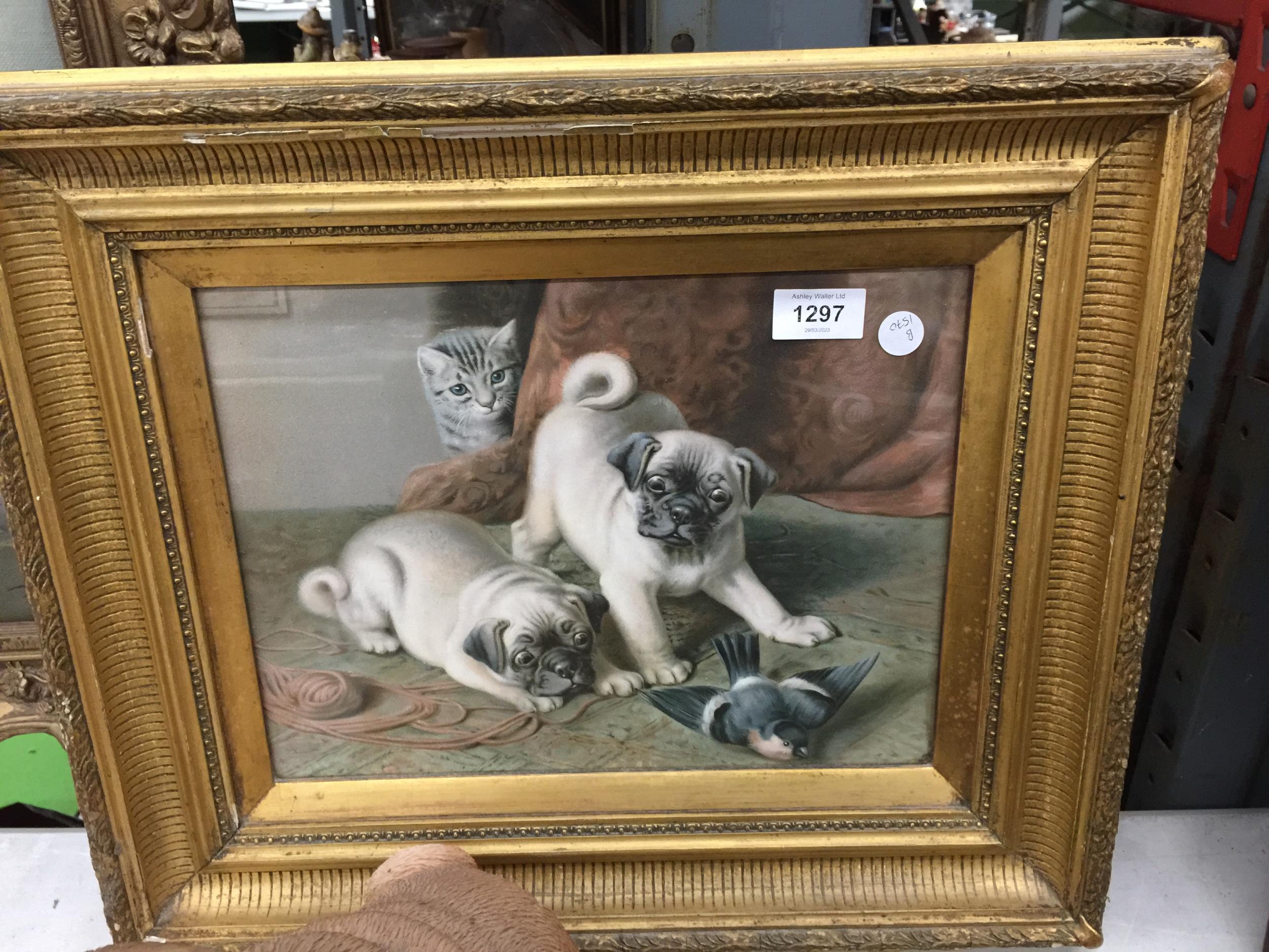 A CHARMING PRINT IN STILL LIFE FASHION OF TWO PUG DOGS A CAT AND A BIRD TOGETHER WITH TWO RESIN - Image 2 of 5