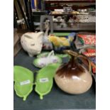 A MIXED LOT TO INCLUDE A BUTTERFLY DISH, A FOREIGN GLAZED JUG, TONY WOOD COCKEREL TEAPOT, ETC.,