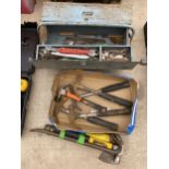 AN ASSORTMENT OF TOOLS TO INCLUDE HAMMERS, CROW BAR AND SPANNERS ETC