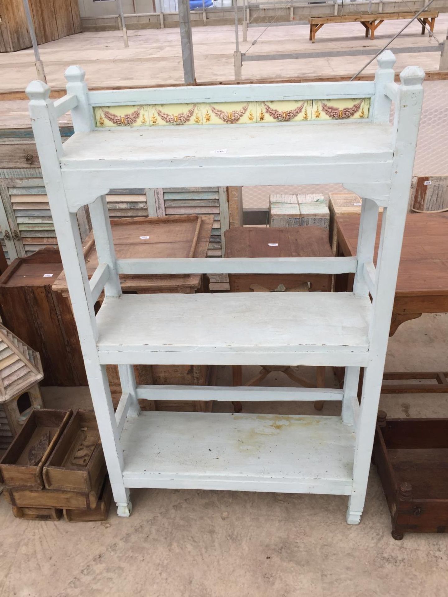 AN INDIAN HARDWOOD THREE TIER OPEN DISPLAY SHELVES WITH TILED STRIP, 34" WIDE