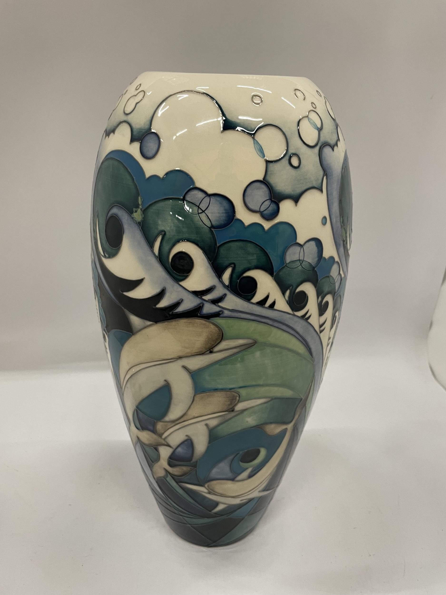 A LARGE MOORCROFT POTTERY DOLPHIN PATTERN NUMBERED EDITION VASE, NO. 34, DATED 2015, HEIGHT 37CM (