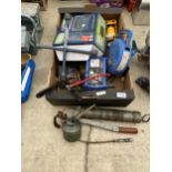 AN ASSORTMENT OF TOOLS TO INCLUDE A GREASE GUN, OIL CAN AND BATTERY CHARGER ETC