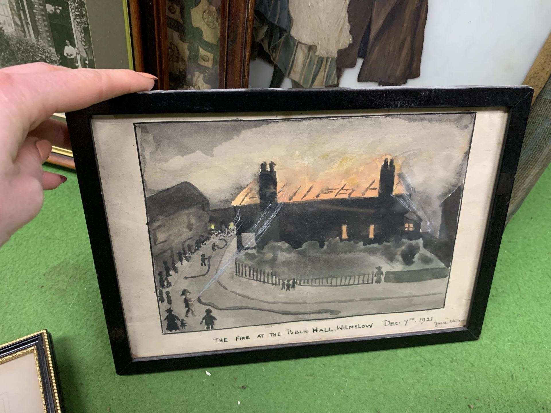 FOUR FRAMED PRINTS PLUS A WATERCOLOUR DEPICTING THE FIRE AT THE PUBLIC HALL, WILMSLOW, DEC 7TH - Image 4 of 6