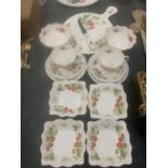 A QUANTITY OF QUEEN'S 'VIRGINIA STRAWBERRY' TEAWARE TO INCLUDE A CHOPPING BOARD AND CHEESE KNIFE,