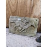 A STONE HORSE AND JOCKEY PLAQUE SIGN