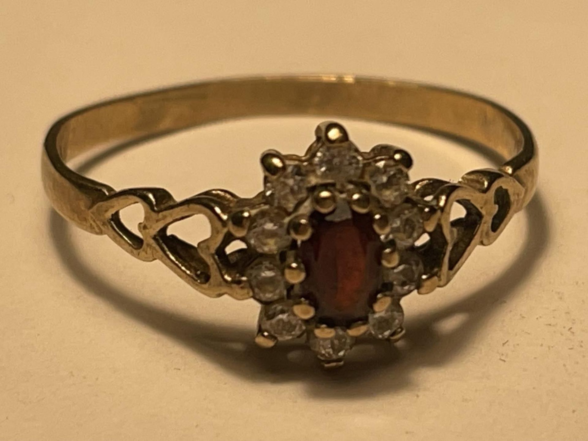 A 9 CARAT GOLD RING WITH CENTRE GARNET SURROUNDED BY TEN CUBIC ZIRCONIAS SIZE O/P