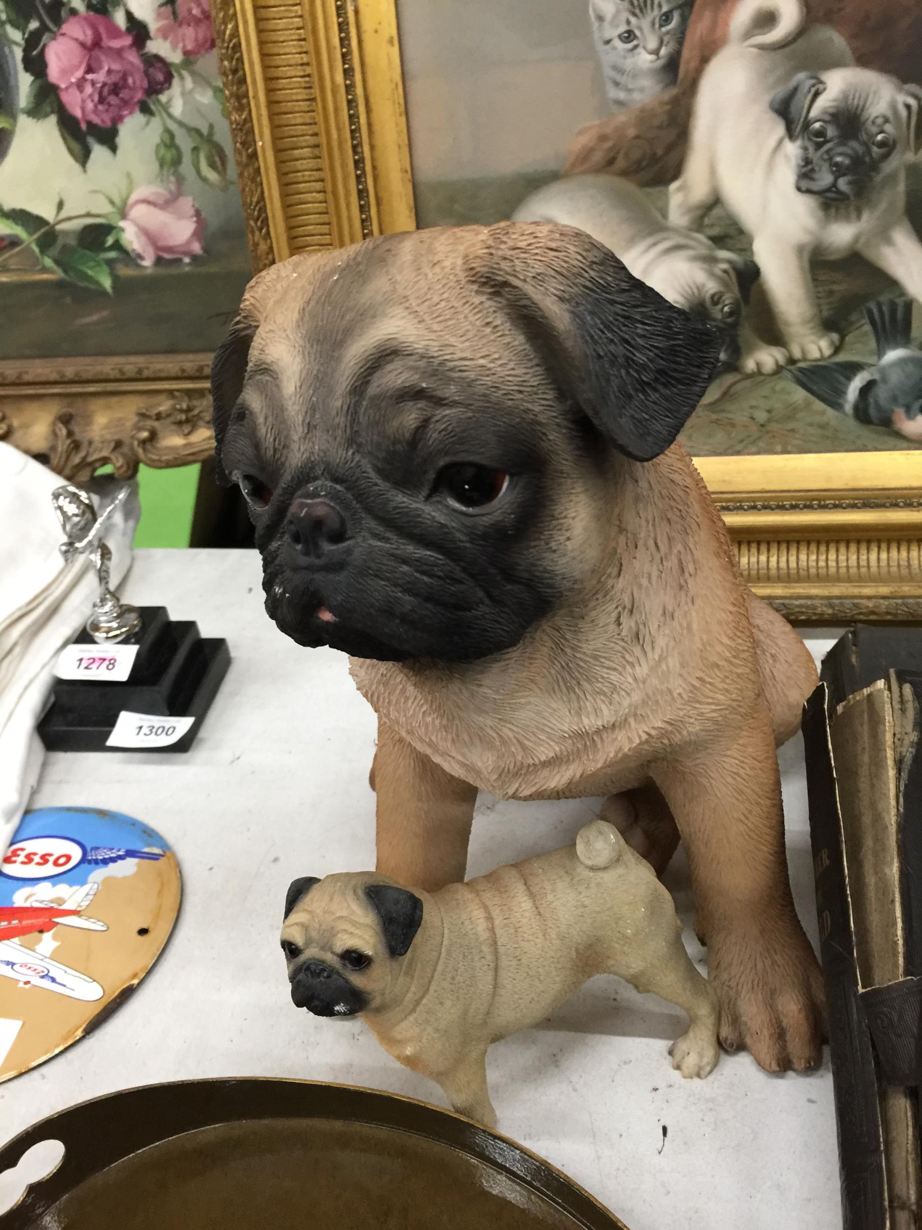 A CHARMING PRINT IN STILL LIFE FASHION OF TWO PUG DOGS A CAT AND A BIRD TOGETHER WITH TWO RESIN - Image 4 of 5