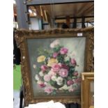 AN OIL ON CANVAS FLORAL IN GOLD ORNATE FRAME BY ARTIST THOMAS HILL - 75 X 63 CM