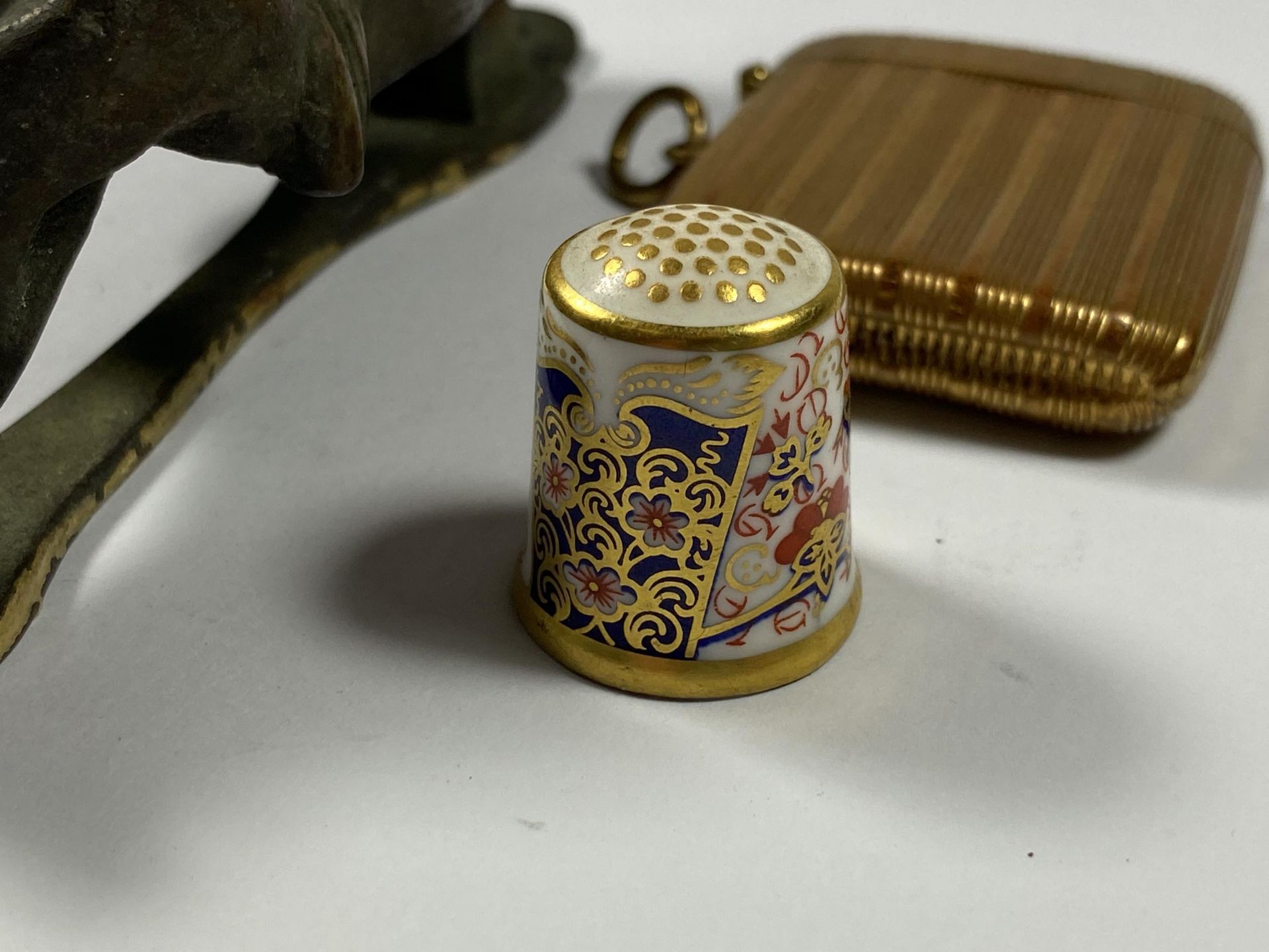 A GROUP OF THREE ITEMS - ROYAL CROWN DERBY THIMBLE, BRASS VESTA CASE AND VICTORIAN FIGURAL DOOR - Image 2 of 4