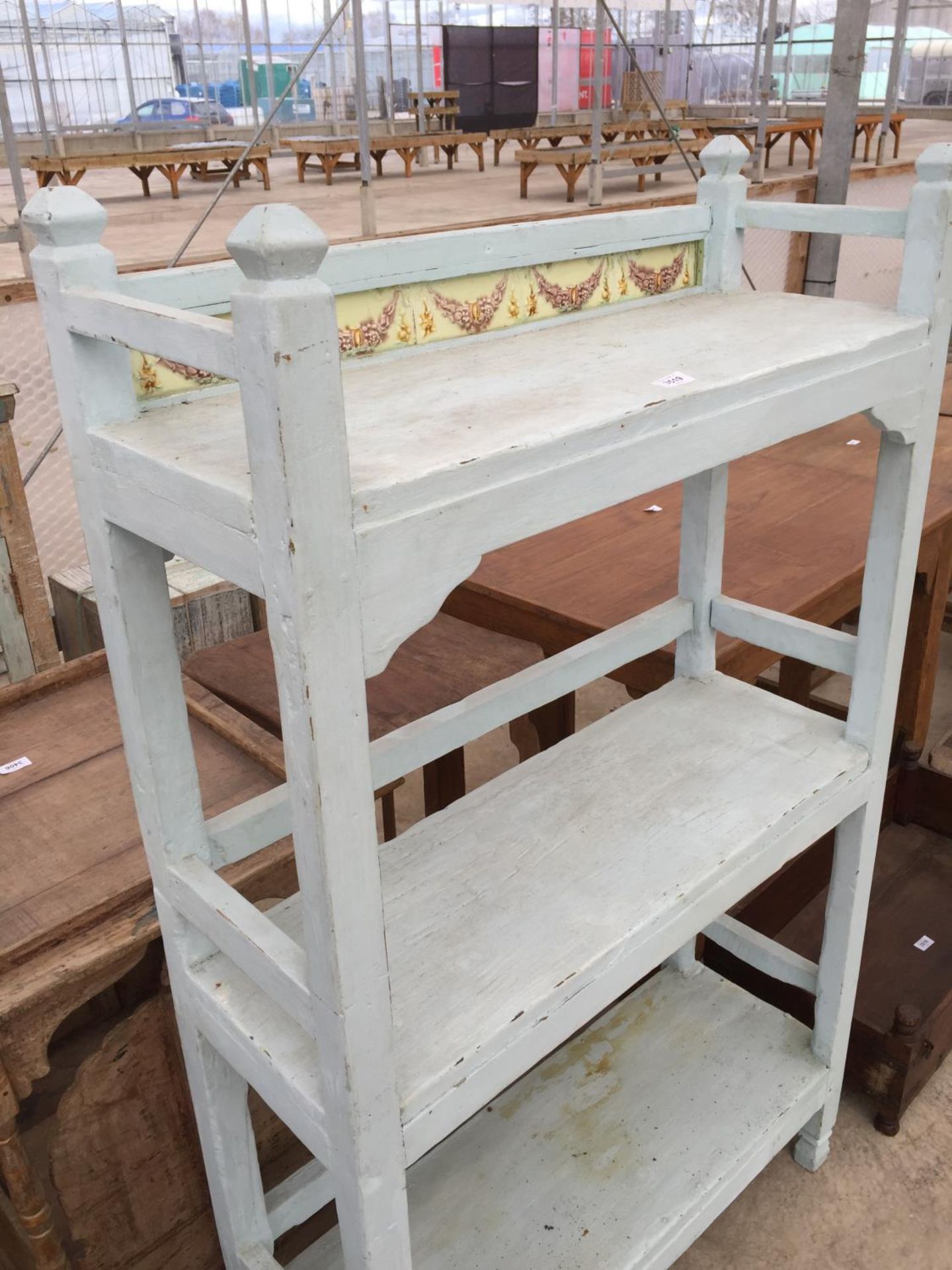 AN INDIAN HARDWOOD THREE TIER OPEN DISPLAY SHELVES WITH TILED STRIP, 34" WIDE - Image 2 of 3