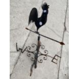A DECORATIVE VINTAGE WROUGHT IRON WEATHER VEIN WITH COCKEREL TOP