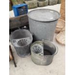 THREE GALVANISED ITEMS TO INCLUDE TWO MOP BUCKETS AND A GALVANISED DRUM