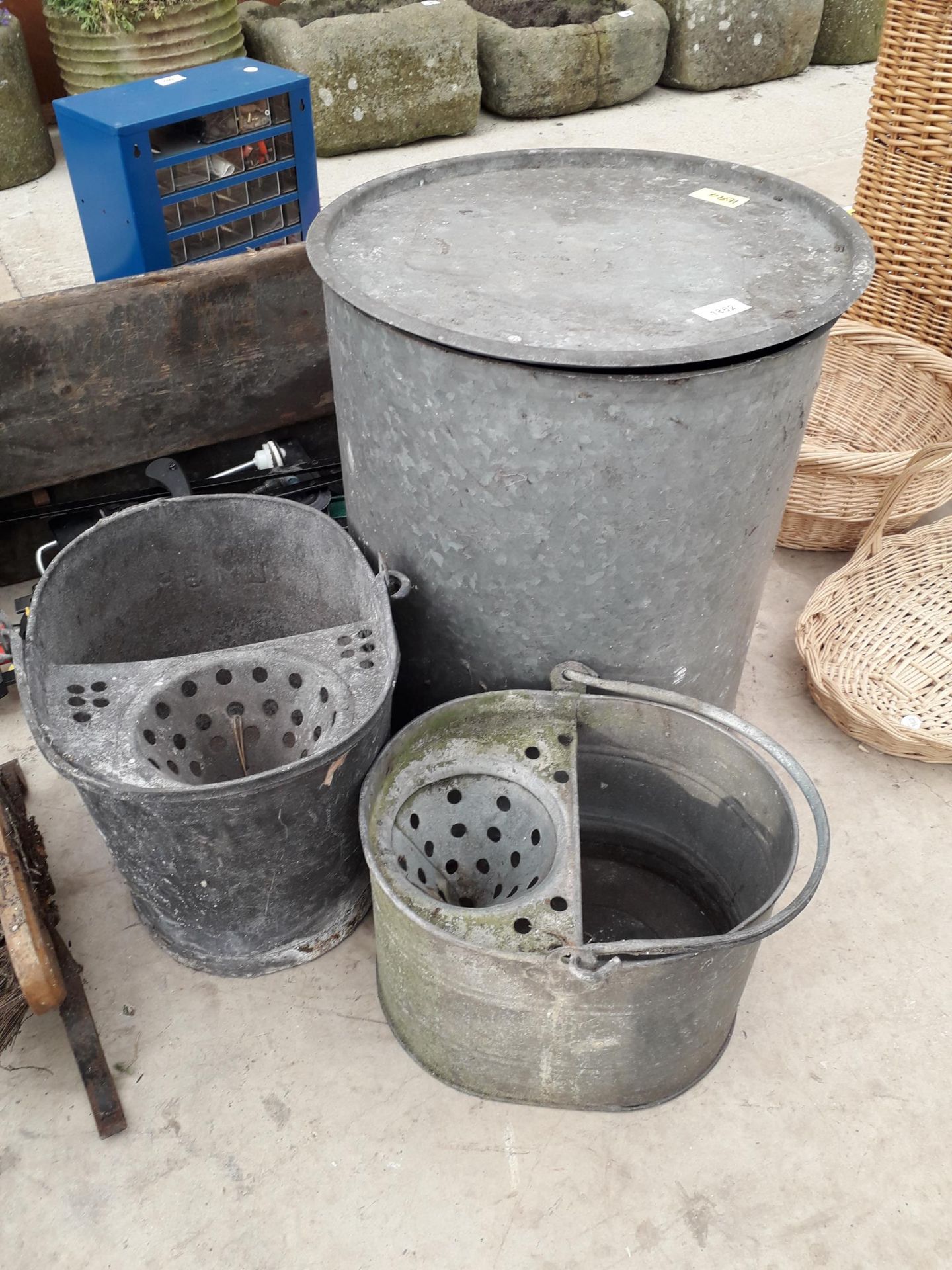 THREE GALVANISED ITEMS TO INCLUDE TWO MOP BUCKETS AND A GALVANISED DRUM