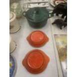 THREE LE CREUSET ITEMS TO INCLUDE A CASSEROLE DISH AND TWO PIE DISHES