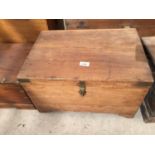 AN INDIAN HARDWOOD BOX WITH BRASS STRAPS, 20" WIDE