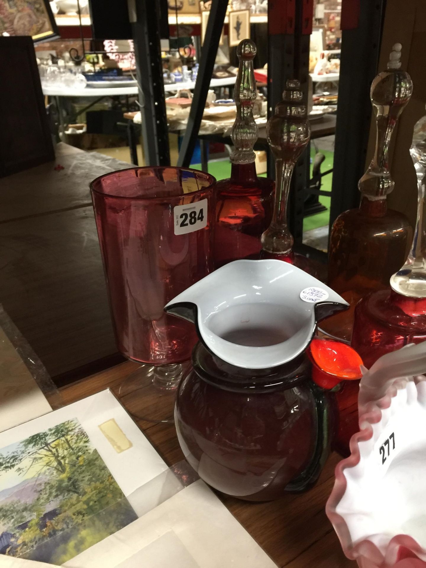 FIVE LARGE COLOURED GLASS BELLS, CRANBERRY GLASS BOWLS, VASES, ETC - Image 3 of 5