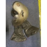 A VINTAGE MOTORCYCLE HELMET AND LEATHER MOTOR CYCLING GLOVES