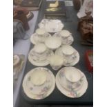 A VINTAGE FOLEY CHINA TEASET TO INCLUDE A CAKE PLATE, CUPS, SAUCERS, SIDE PLATES, A CREAM JUG AND