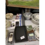 A MIXED LOT TO INCLUDE A SET OF SALTER DIGITAL SCALES, CAMEL PRINT, BOXED MODEL CAR, TIZI MOBILE TV,