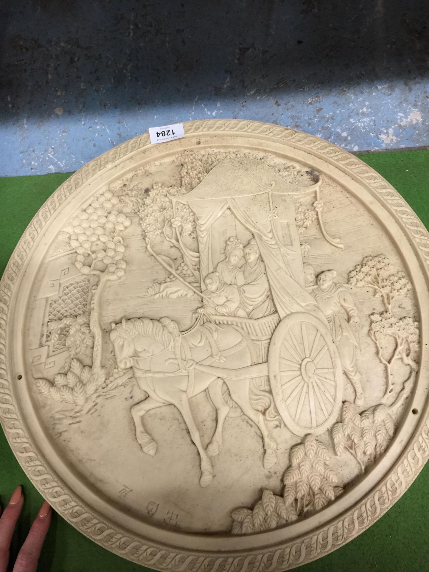 A HEAVY CARVED RELIEF JAPANESE PLAQUE DIAMETER 46CM