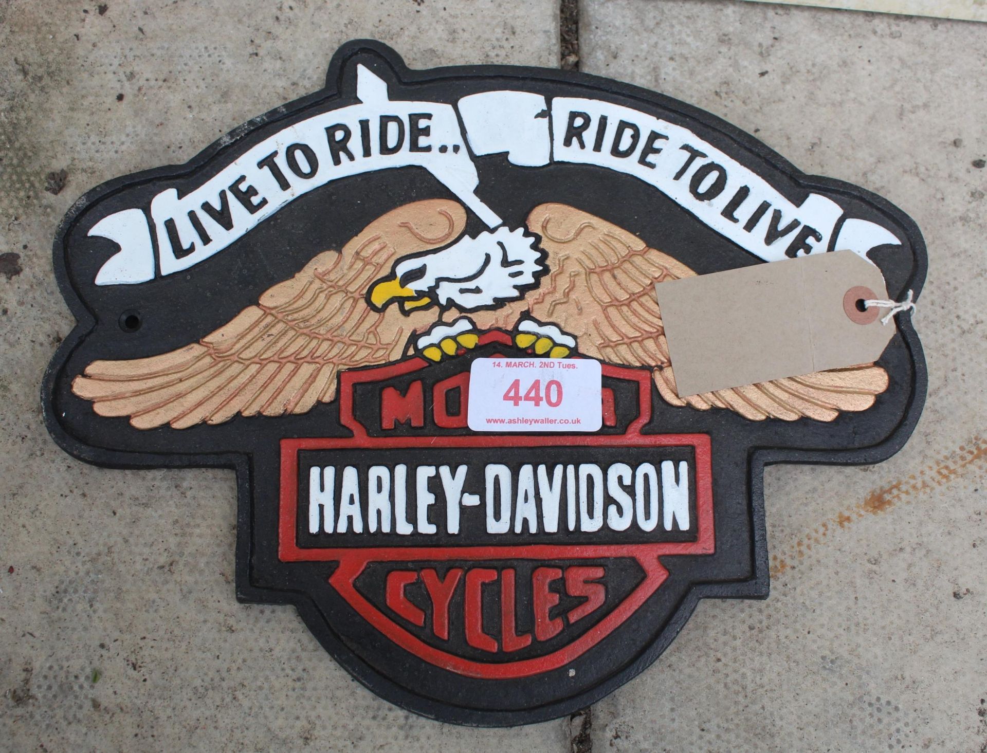 A CAST IRON LIVE TO RIDE HARLEY DAVIDSON SIGN NO VAT