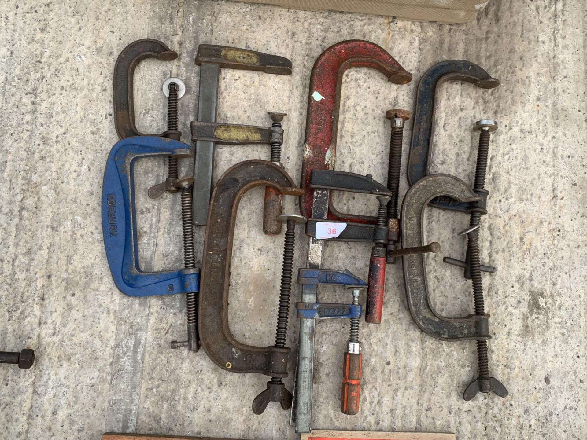 NINE VARIOUS CLAMPS TO INCLUDE SIX G CLAMPS NO VAT