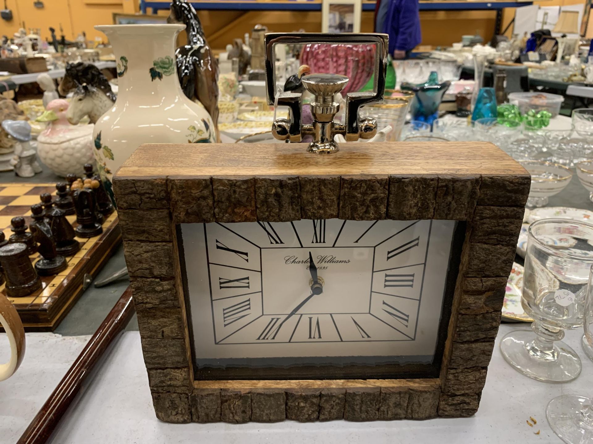 A WOODEN ,CHARLES WILLIAMS' MANTLE CLOCK HEIGHT 20CM