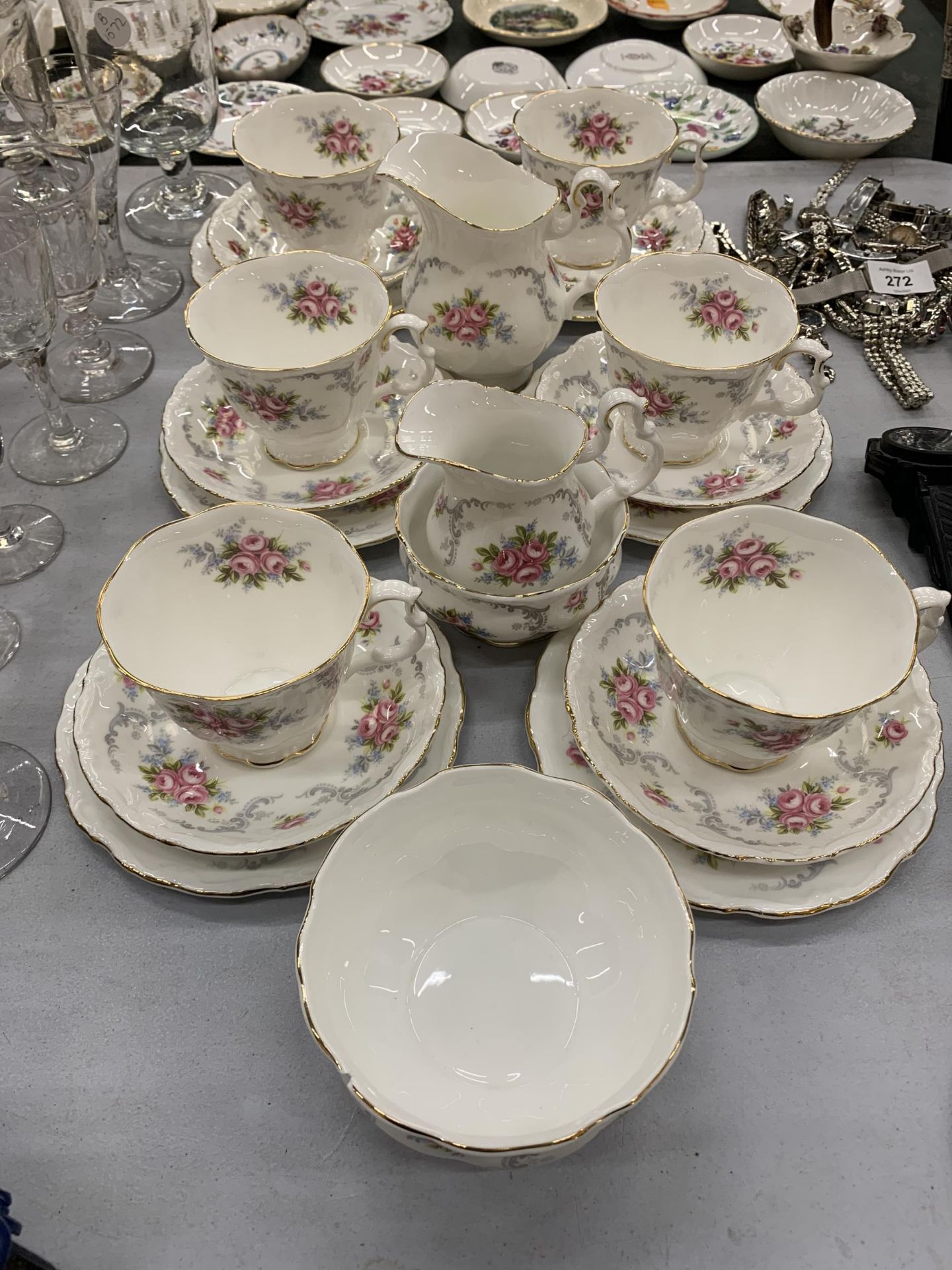 A ROYAL ALBERT 'TRANQUILITY' TEASET TO INCLUDE CUPS, SAUCERS, SIDE PLATES, TWO CREAM JUGS AND A