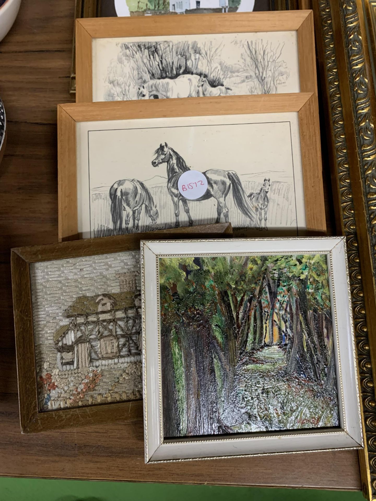 THREE FRAMED PENCIL DRAWINGS OF HORSES IN THE NEW FOREST TOGETHER WITH TWO FRAMED NEEDLEWORKS, A - Image 2 of 5