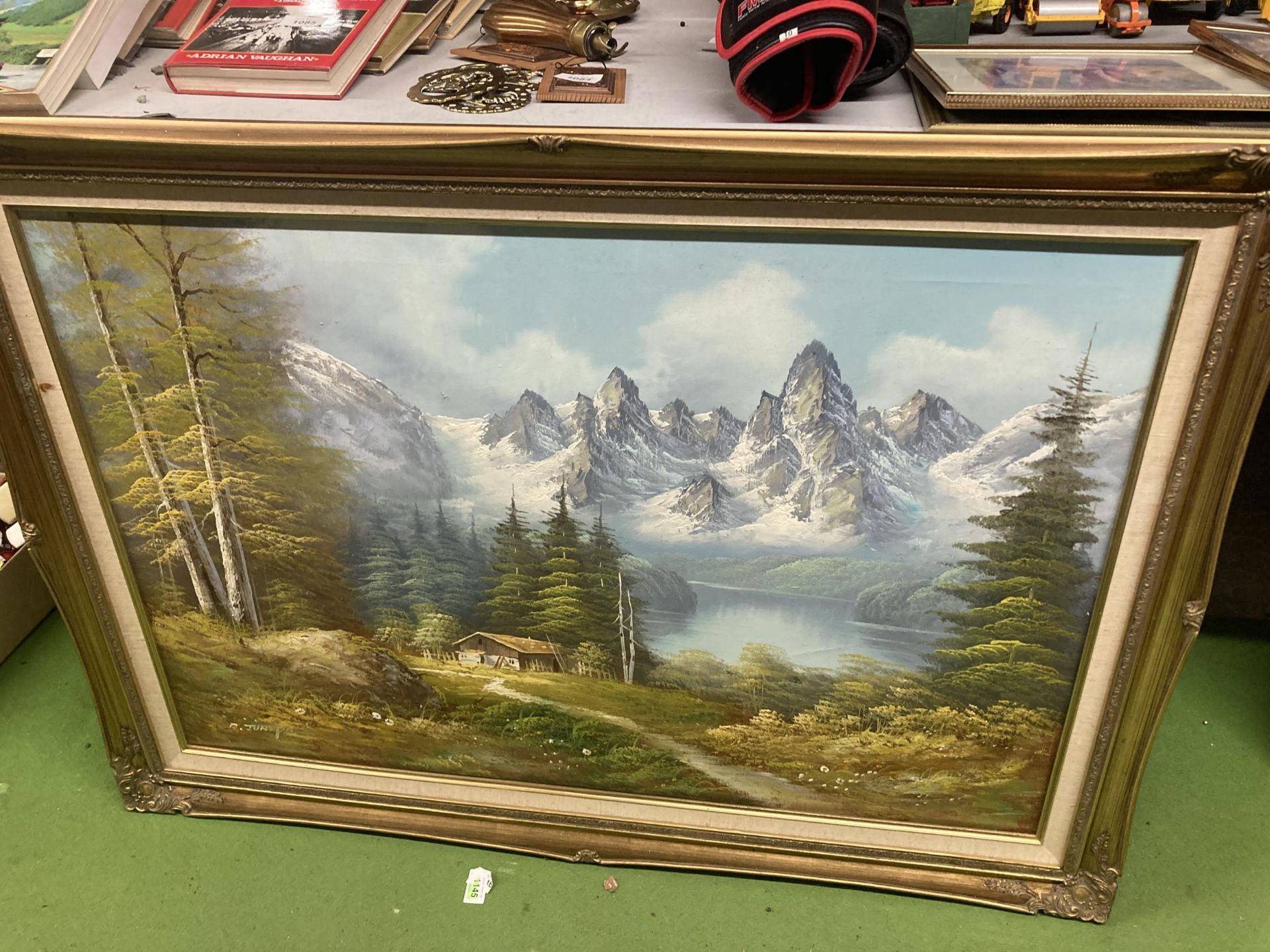 TWO LARGE FRAMED OIL ON CANVAS MOUNTAIN SCENES - Image 3 of 3