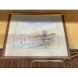 A FRAMED WATERCOLOUR OF A LAKE SCENE WITH INDISTINCT SIGNATURE 54CM X 43CM