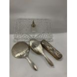 A MATCHED DRESSING TABLE SET COMPRISING HALLMARKED SILVER BRUSHES & MIRROR, SILVER TOPPED ATOMISER