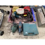 AN ASSORTMENT OF TOOLS TO INCLUDE A 110V TRANSFORMER, AN ELECTRIC WOOD PLANE AND A SANDER ETC