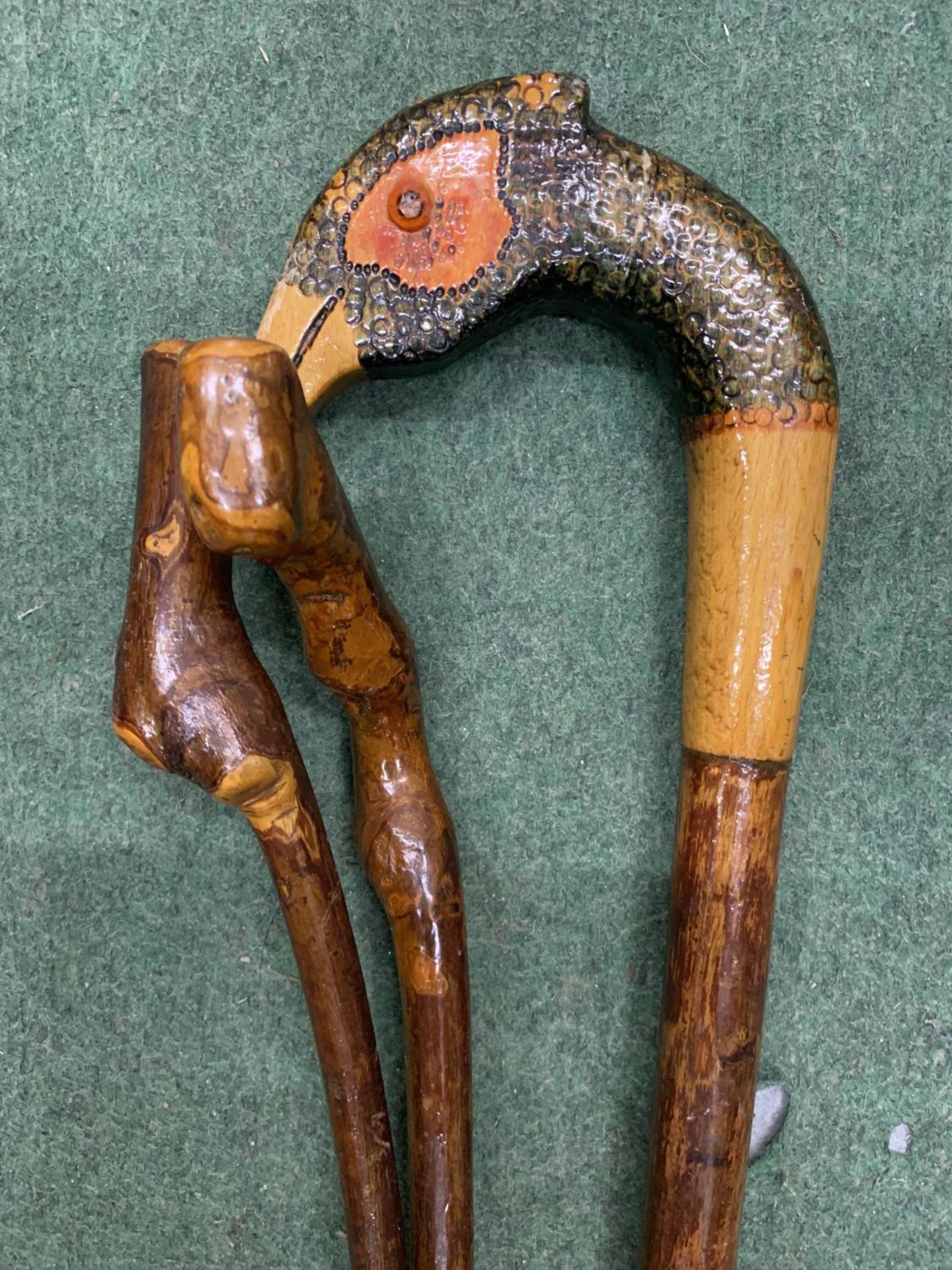 THREE WALKING STICKS, ONE WITH A BIRDS HEAD HANDLE - Image 2 of 3