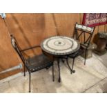 A METAL BISTRO SET WITH TILED TOP AND TILED CHAIR BACKS COMPRISING OF A ROUND TABLE AND TWO CARVER