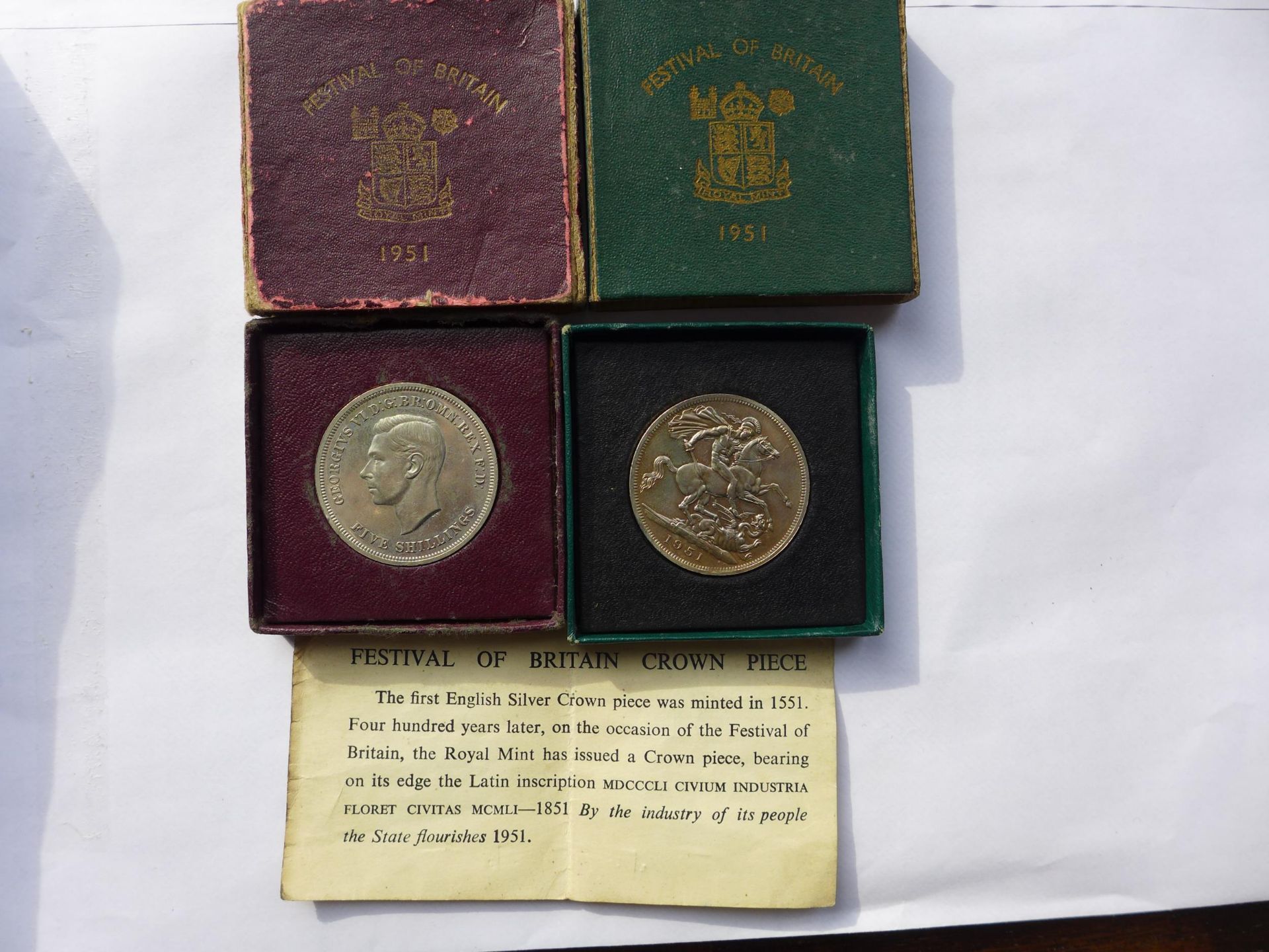 TWO BOXED GEORGE VI 1951 FESTIVAL OF BRITAIN CROWNS, IN GREEN AND MAROON BOXES